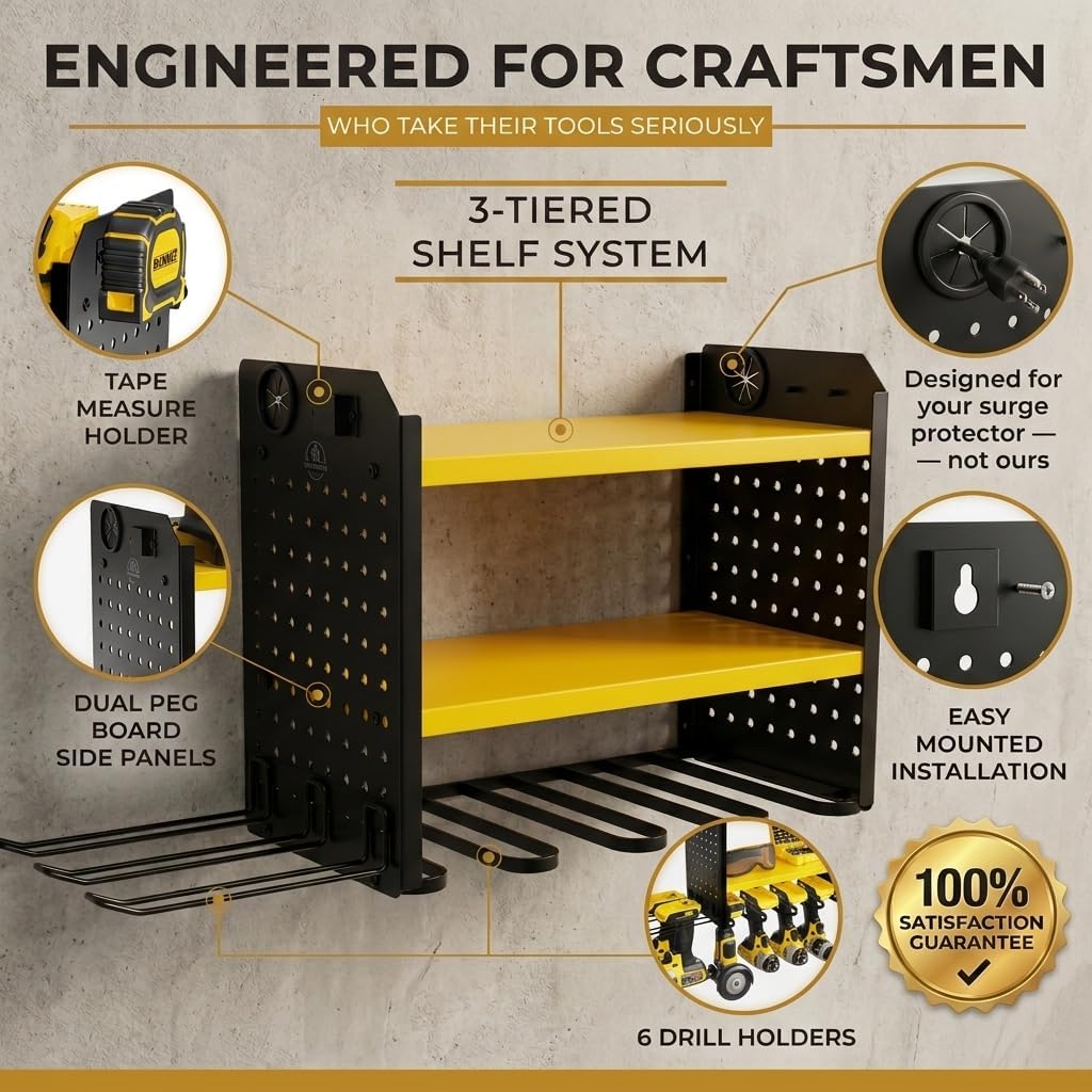 BUILTSTRONG Power Tool Organizer Wall Mount – 3-Tier Heavy-Duty Steel Rack, 6 Drill Slots, Dual Pegboard Sides, Side-by-Side Modular, 100 lb Capacity – Garage & Workshop (Yellow)