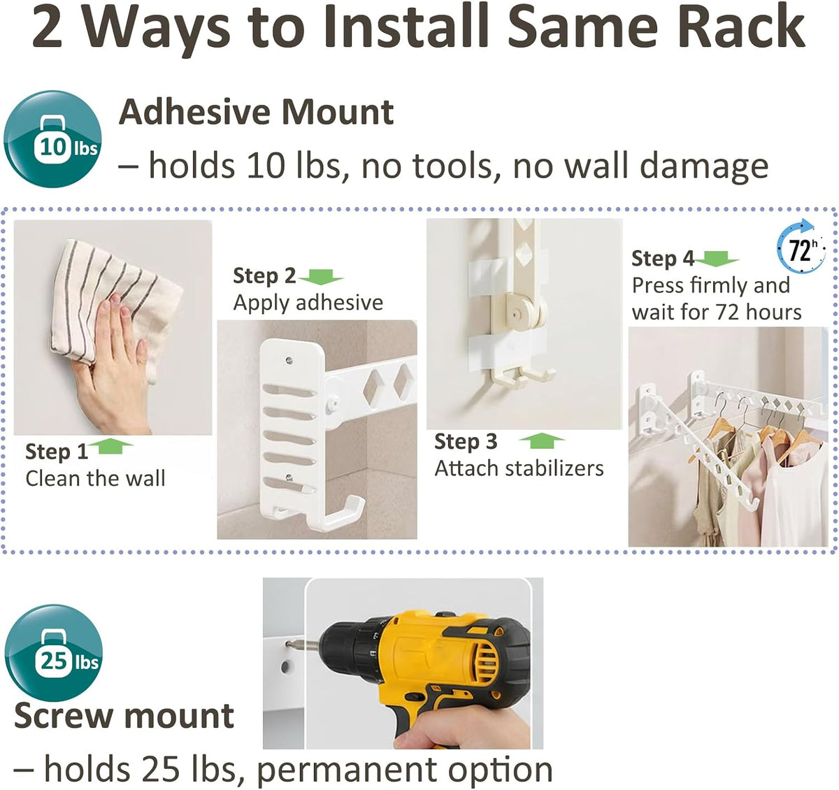 Wall Mounted Drying Rack, 8-Hole Clothes Rack Laundry Room, White