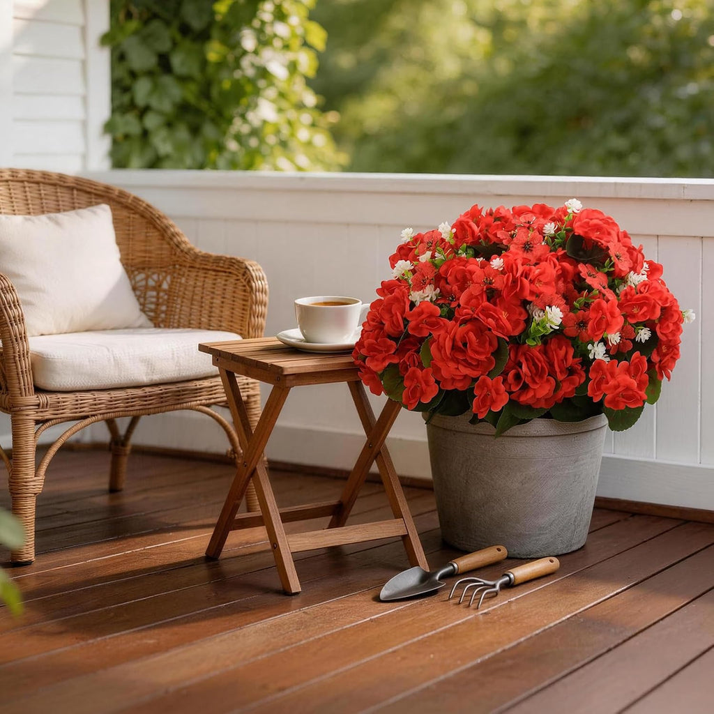 Olatay 12 Bundles Mixed Color Artificial Flowers for Outdoor, Artificial Geraniums Flowers for Outdoor, UV-Resistant Fake Geraniums for Porch, Balcony, Garden, Indoor Decoration (Red)