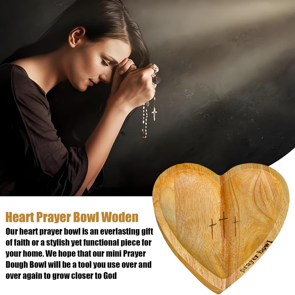 Heart Shaped Prayer Bowl with 24 Cards - Wooden Religious Dough Bowl with Cross for Christian Congregation Gifts