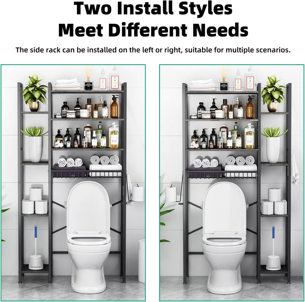 Kalrin 8-Tier Over The Toilet Storage with Side Rack, Over Toilet Storage Rack with Adjustable Shelf & Drain Basket, Freestanding Bathroom Organizer for Balcony, Laundry (Modern Grey)