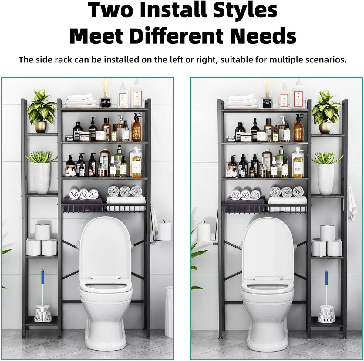 Kalrin 8-Tier Over The Toilet Storage with Side Rack, Over Toilet Storage Rack with Adjustable Shelf & Drain Basket, Freestanding Bathroom Organizer for Balcony, Laundry (Modern Grey)