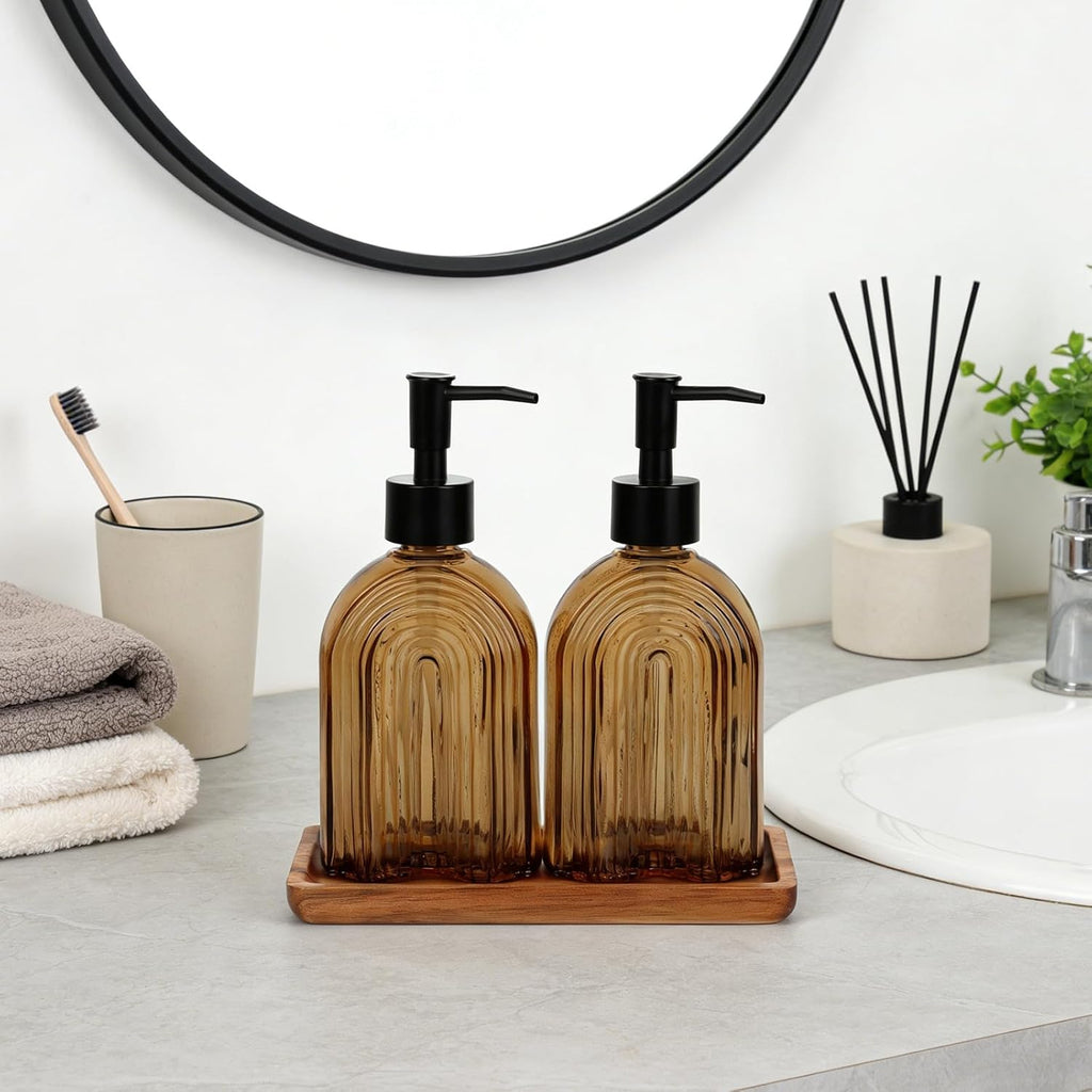 Glass Soap Dispenser Set with Wooden Tray, 11.6Oz Refillable Liquid Modern Soap Dispenser with Plastic Pump for Hand and Dish Set for Bathroom Countertop Decor (Amber)