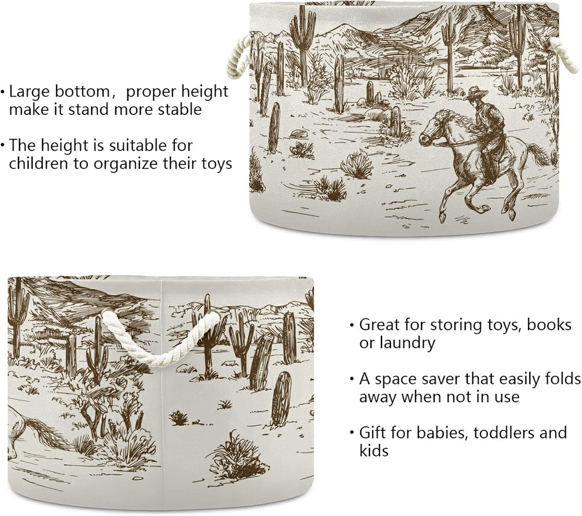 Cotton Rope Basket Western Desert Cowboy Baby Laundry Basket for Living Room, Laundry, Nursery, Pillows, Home Decor