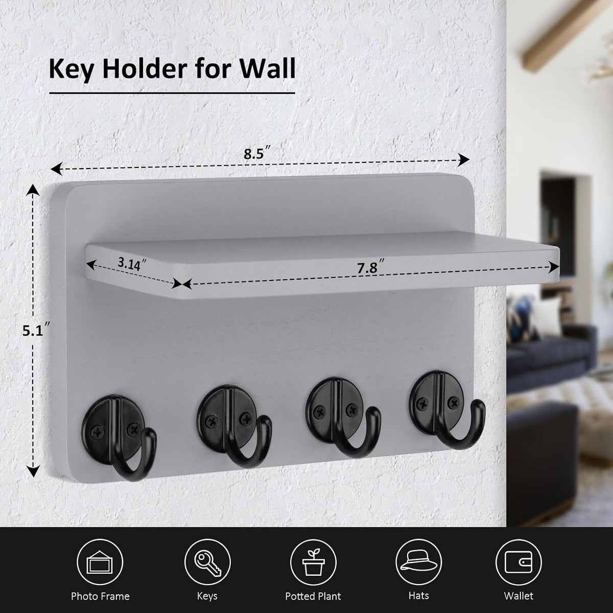 Nekon Key Holder Wall Mount, 8.5 Inch Wall Shelf, Gray
