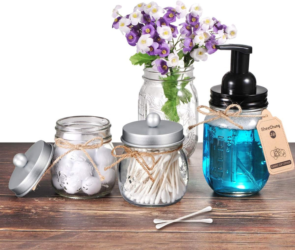 SheeChung 2 Pack Glass Mason Jar Qtip Holder Dispenser,Frosted Silver Lids