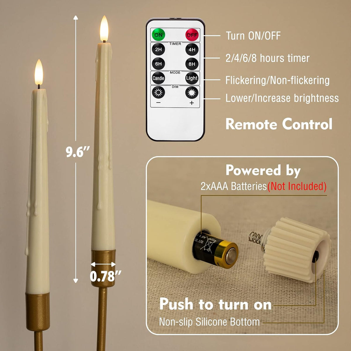 Real Wax Flameless Taper LED Candles with Remote, 9.6 Inch 3D Wick Flickering Battery Operated, Wax Drip, Set of 2 for Christmas Home Wedding Decor (Ivory)