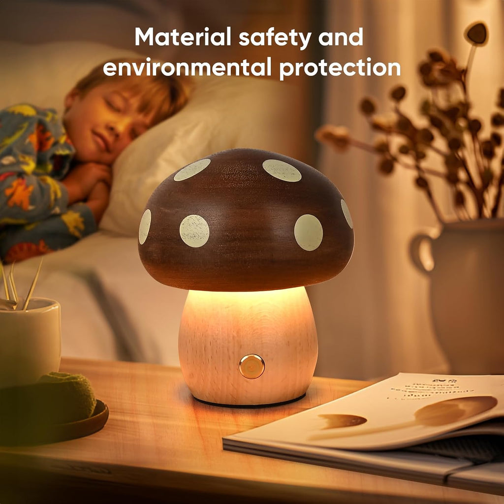 Wood Mushroom Lamp, Rechargeable Small Bedside Lamp for Nursery Bedroom