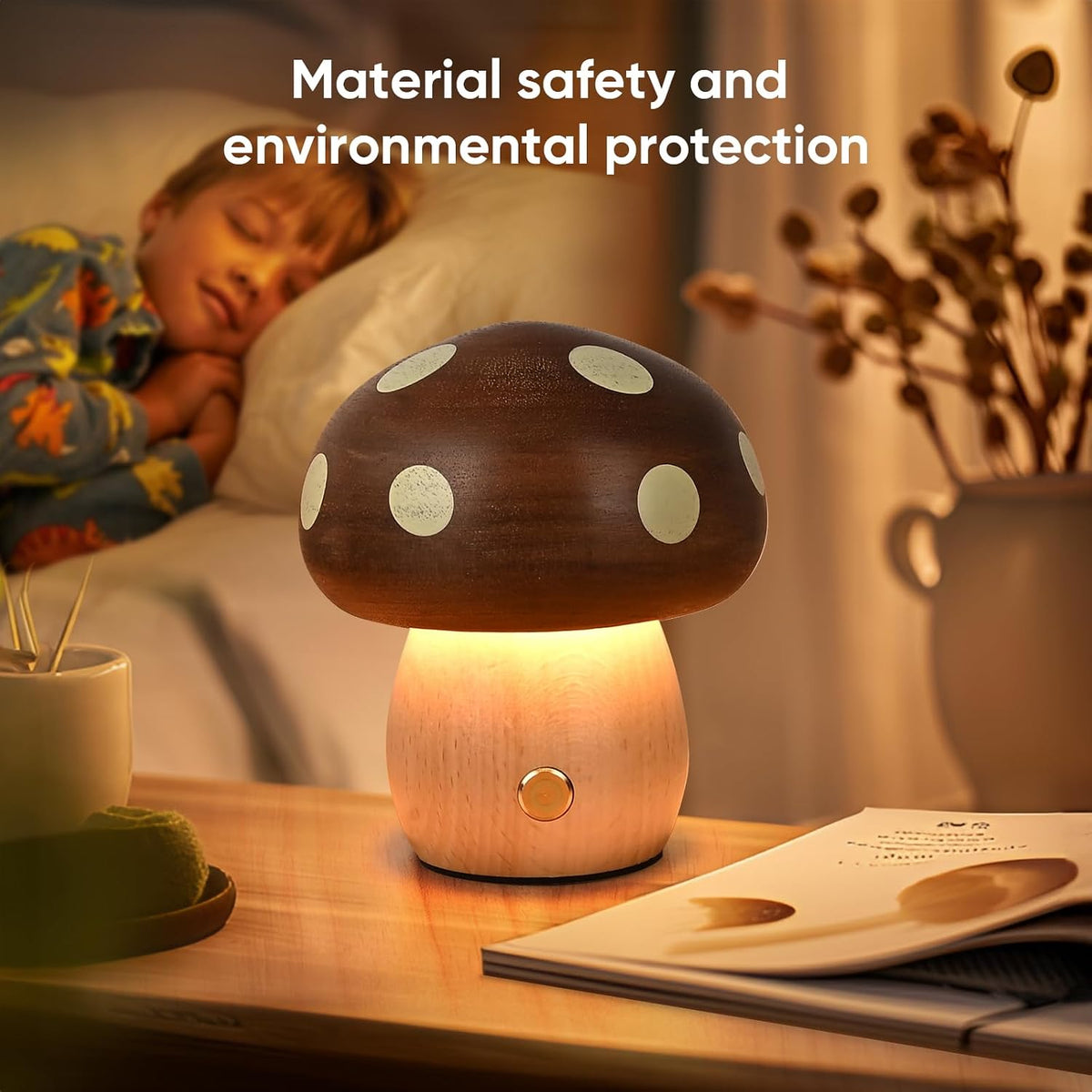 Wood Mushroom Lamp, Rechargeable Small Bedside Lamp for Nursery Bedroom