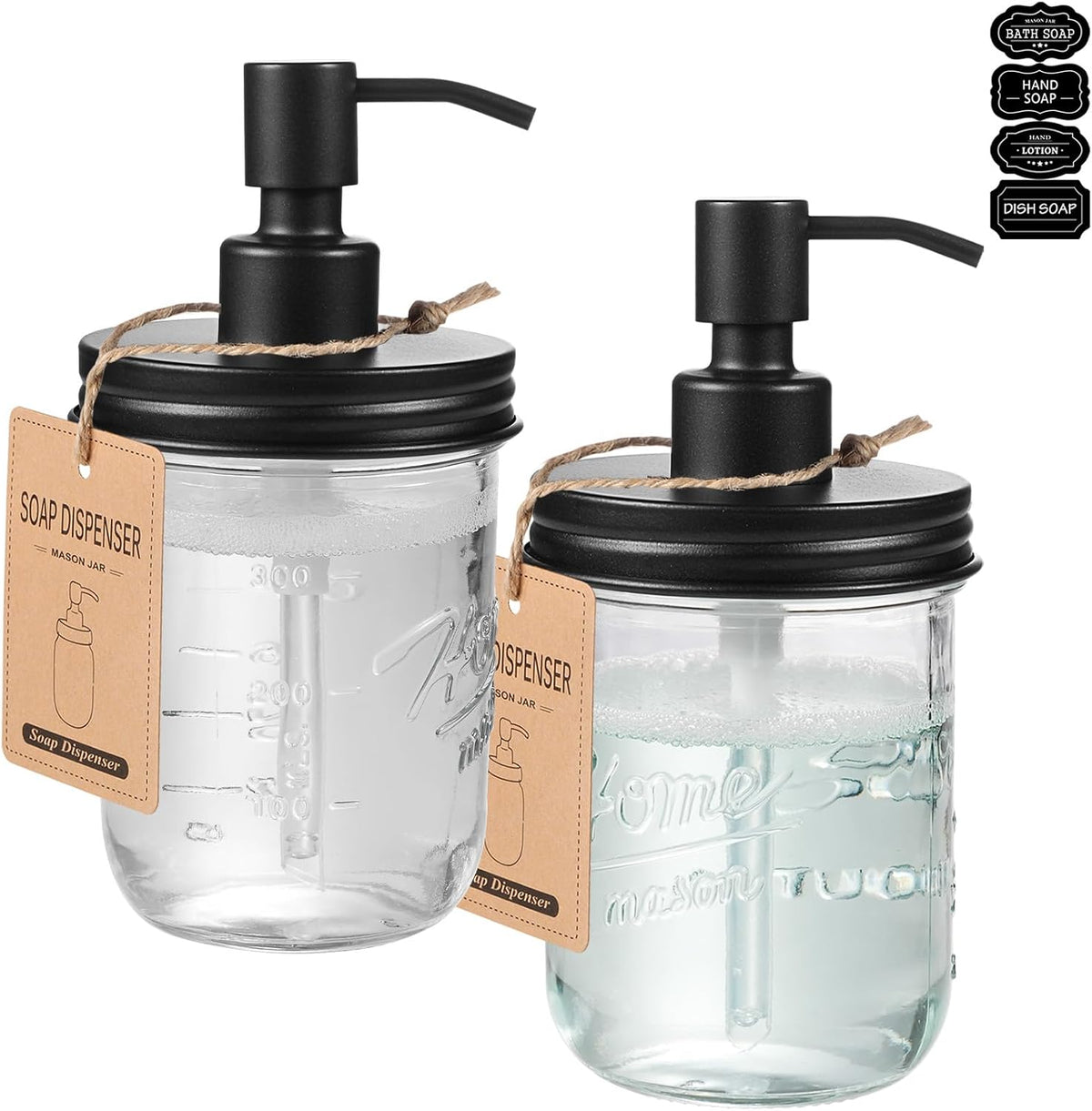 SheeChung 16oz Mason Jar Soap Dispenser, Black Stainless Steel Pump, 2 Pack