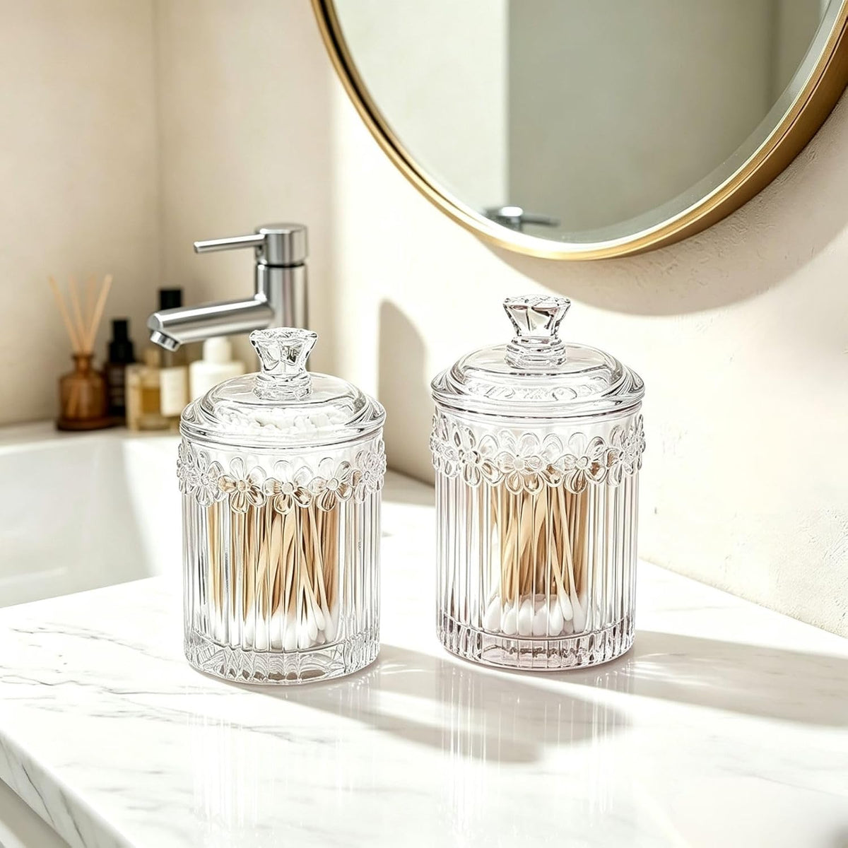2 Pack Qtip Holder Thick Glass Apothecary Jars with Lid for Bathroom, Cotton Swab and Round Organizer, Vanity Storage Canisters for Makeup Pads, Floss (Transparent)