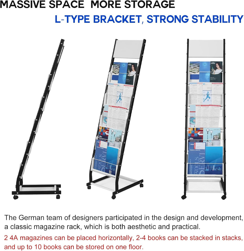 LIWSHWZ Brochure Display Stand | 5 Layers Foor Magazine Rack with 4 Universal Wheels,Metal Newspaper Catalog Holders for Shop, Exhibitions, Office, Trade Show
