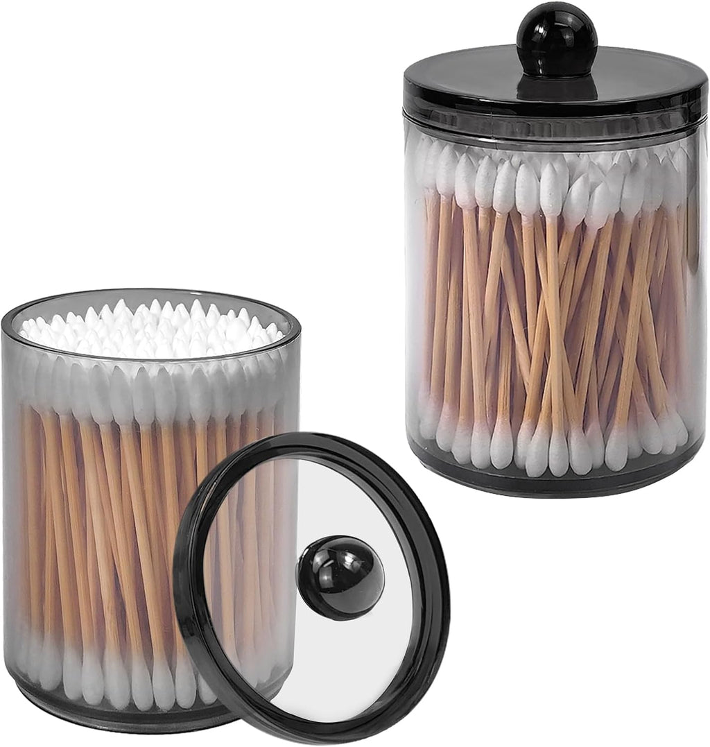 2-Pack Black Plastic Qtip and Cotton Swab Holder Dispenser Set for Bathroom Vanity Organization - Storage for Cotton Balls, Rounds, Floss Picks, Hair Clips