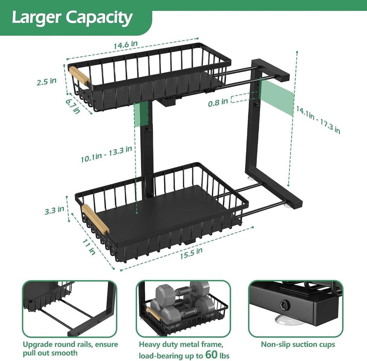 ADRIMER Under Sink Organizer 2 Packs, Pull Out Kitchen Sink Organizer, 2 Tier Slide Out Kitchen Organizers and Storage Bathroom Under Cabinet Storage Shelf, Black