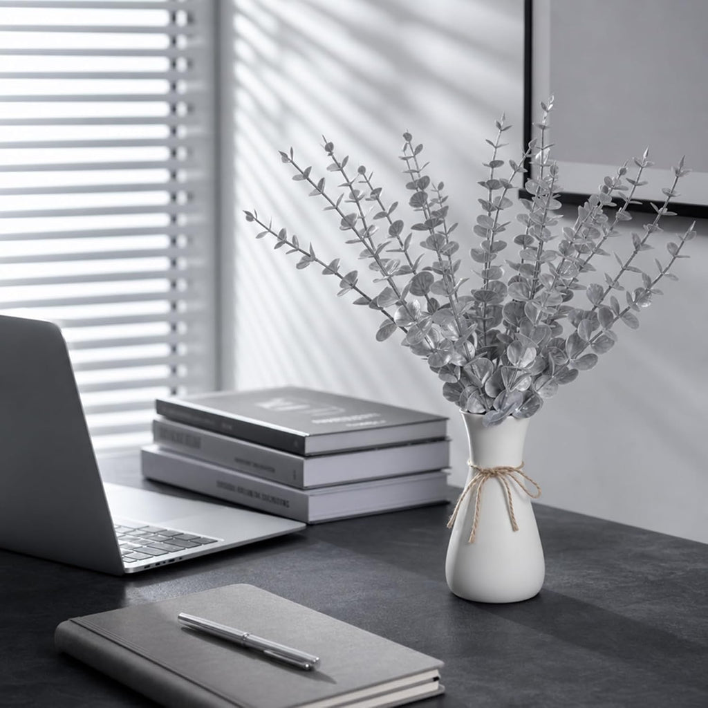 18 Pcs Artificial Eucalyptus Stems Frosted Silver Leaves Fake Greenery Branches Faux Flowers Bouquet for Home Decor Wedding Centerpiece Table Decoration