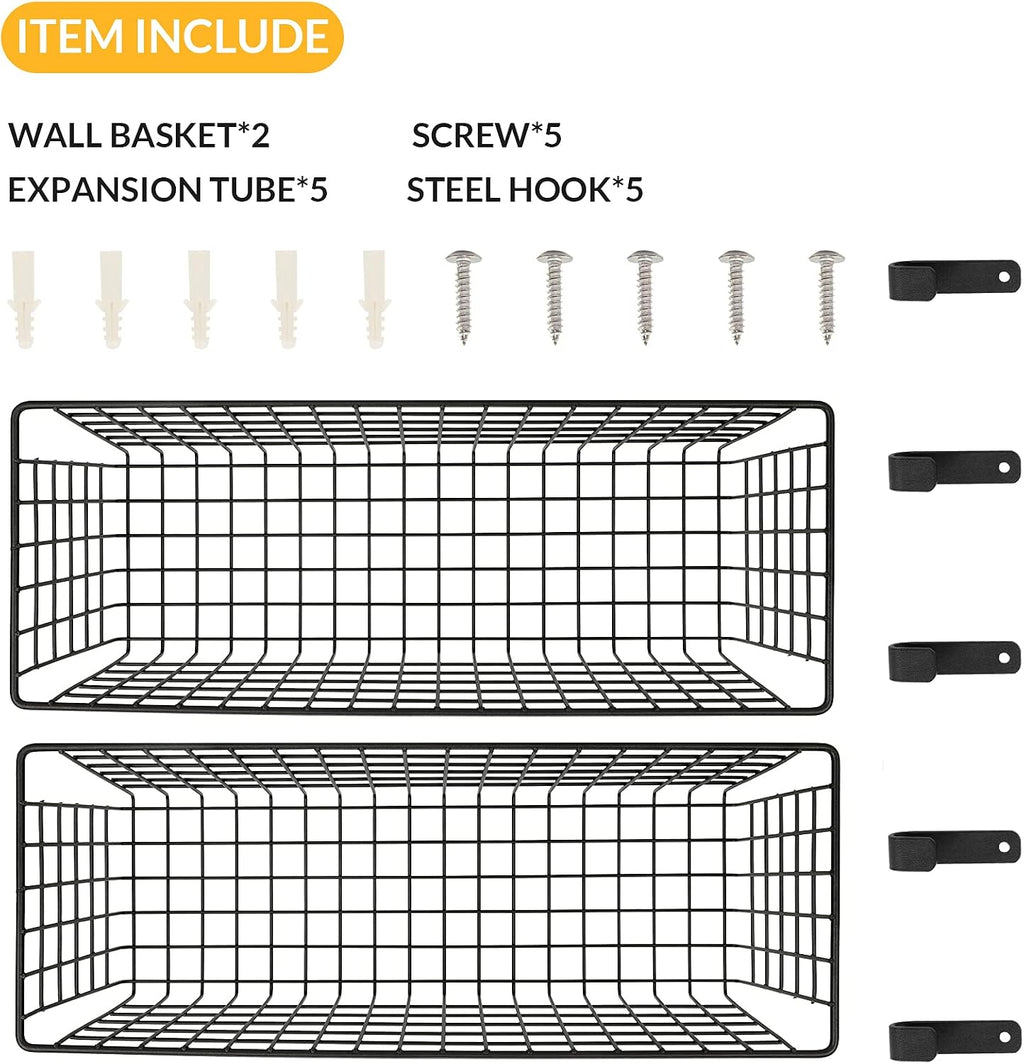 Kinlink 2 Sets Black Extra Large Hanging Wall Basket with Steel Hooks