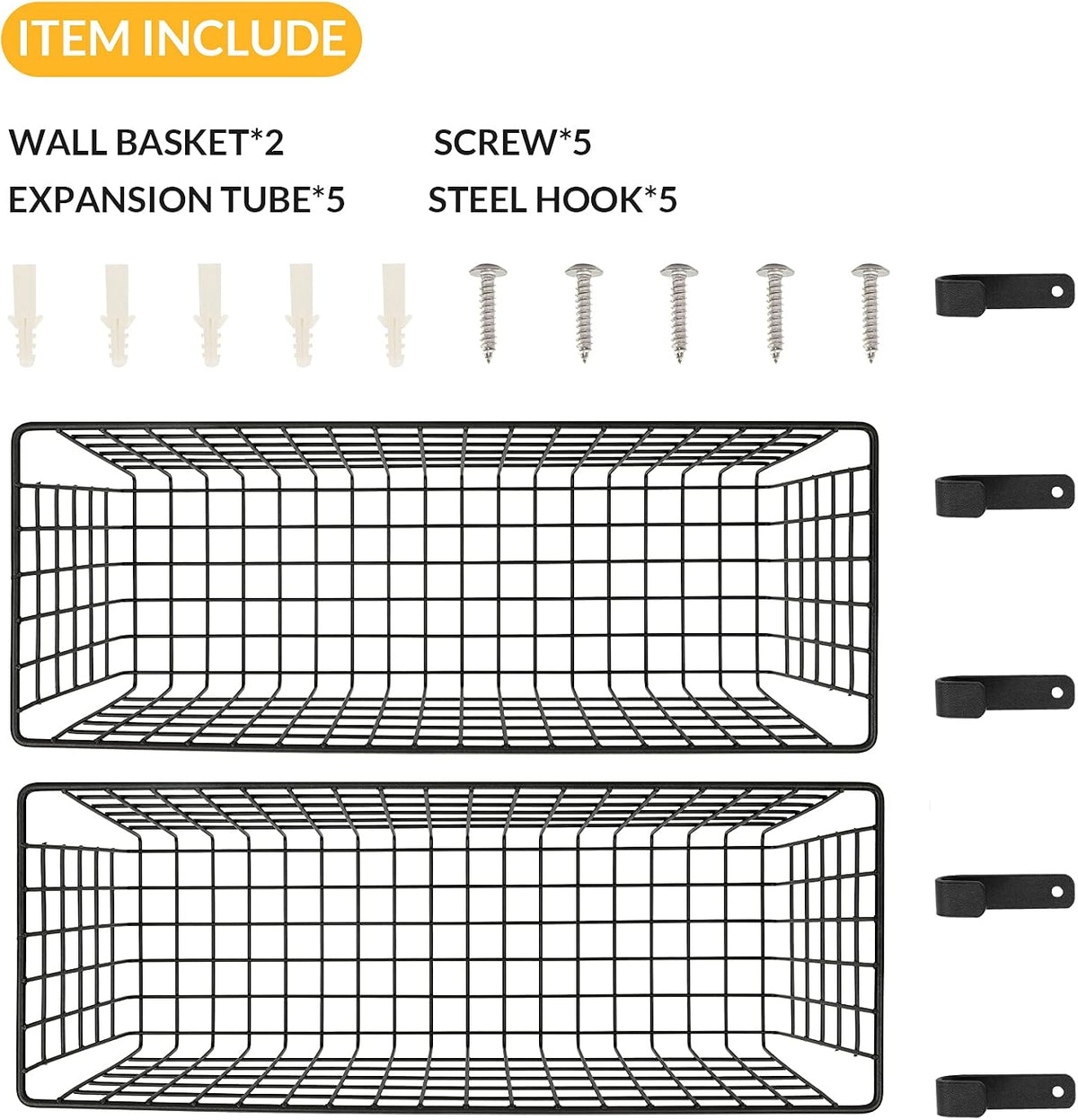 Kinlink 2 Sets Black Extra Large Hanging Wall Basket with Steel Hooks