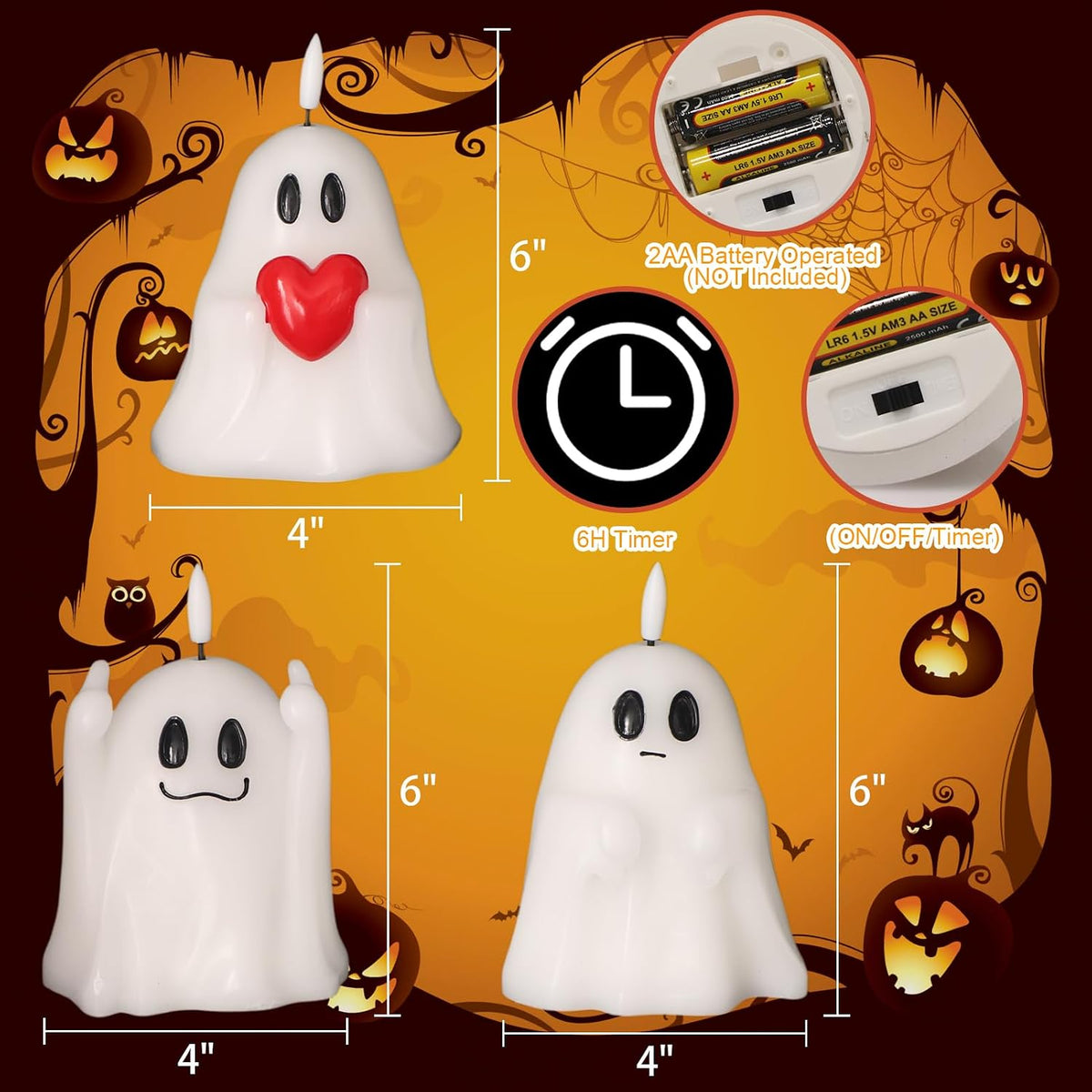 Halloween Ghost Flameless Candles with 6H Timer Hand-Painted Heart