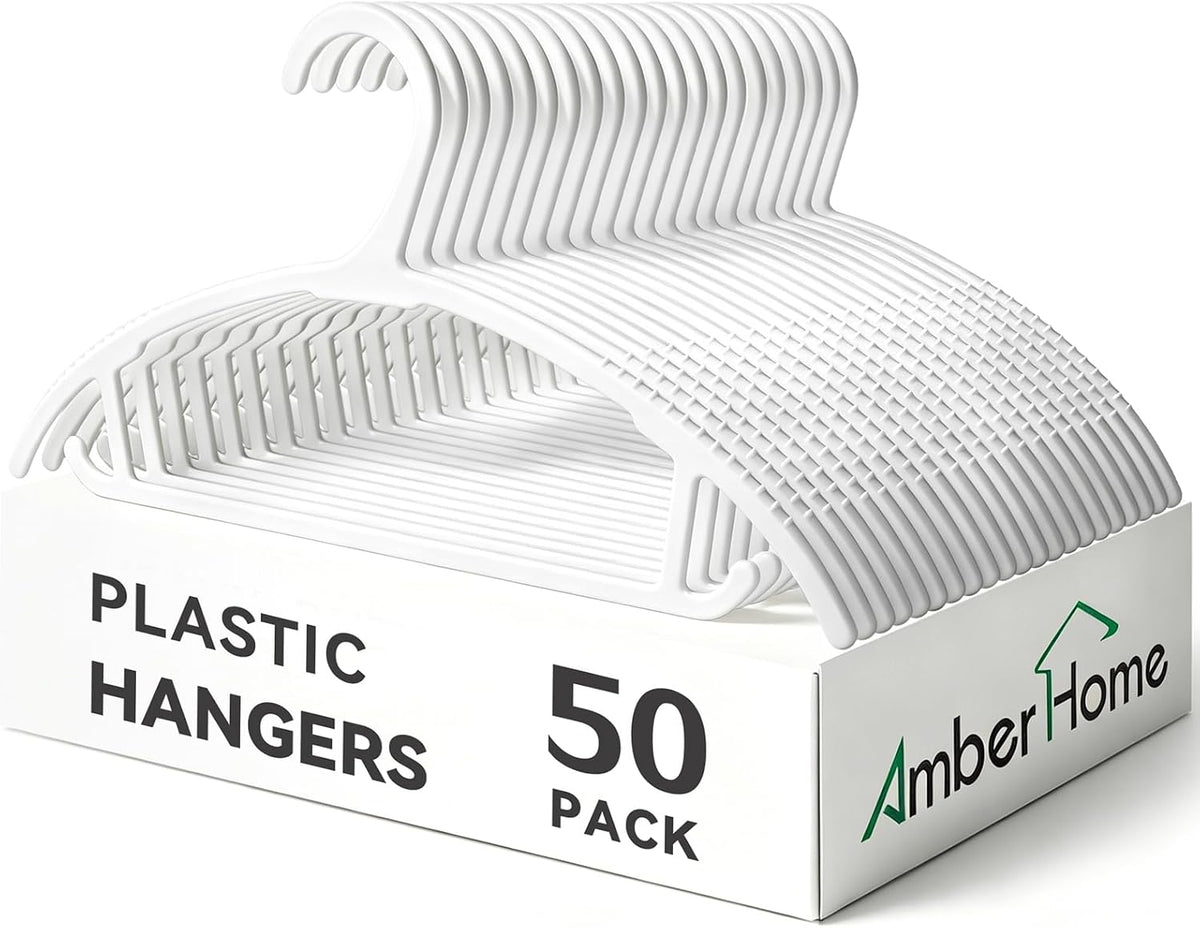 Amber Home 50 Pack White Plastic Hangers, Space Saving Clothes Hangers