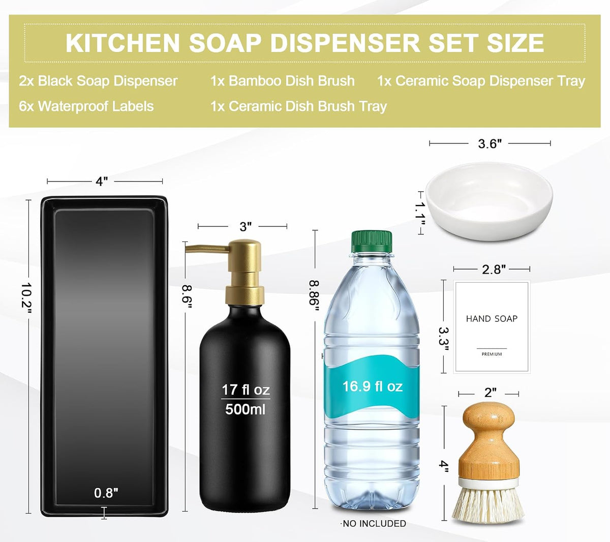 GMISUN Dish Soap Dispenser for Kitchen, 17 fl oz Dish Soap Dispensers with Ceramic Tray & Bamboo Brush & Gold Pump, 2Pcs Matte Black Glass Kitchen Soap Dispenser Set, Refillable Soap Bottle Set