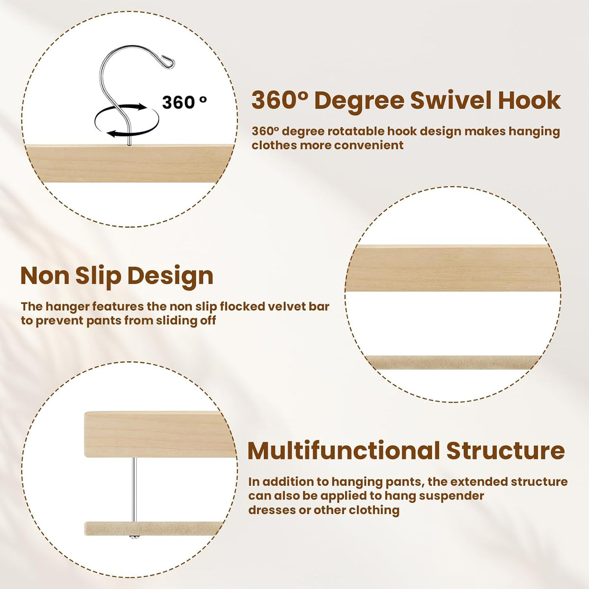 Chunful 10 Pack Wooden Velvet Pants Hangers,Beige