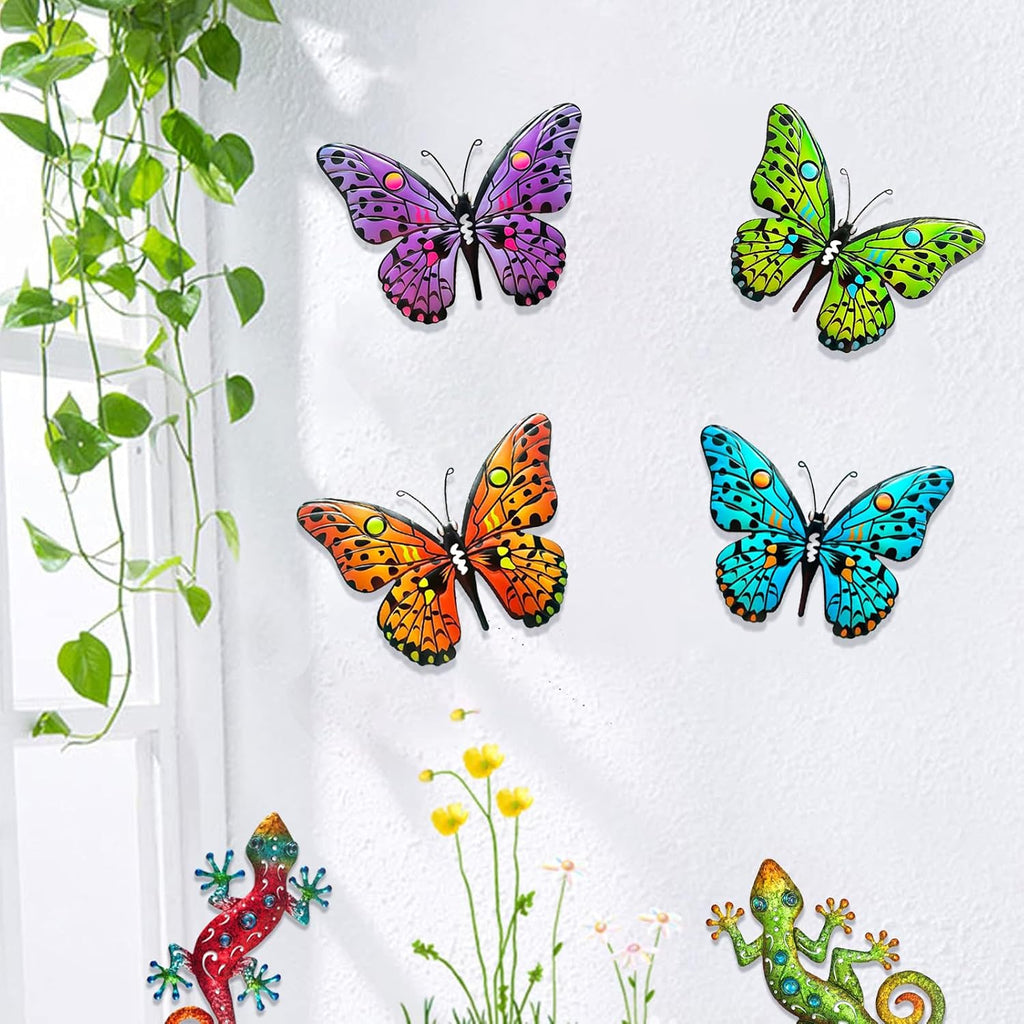 4 Pack Metal Butterfly Wall Decor Yard Art, 9.6" 3D Butterflies Outdoor Fence Decor Hanging Decorations for Garden Patio Balcony Front Porch Living Room Home Vibrant Colored Bohemian Geometric
