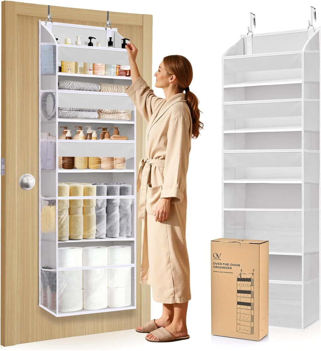 5 Tiers Over Door Organizer with 10 Mesh Side Pockets, 44 lbs Weight Capacity Hanging Storage Organizer with Clear Window Kids Toys, Shoes, Diapers, Light Gray