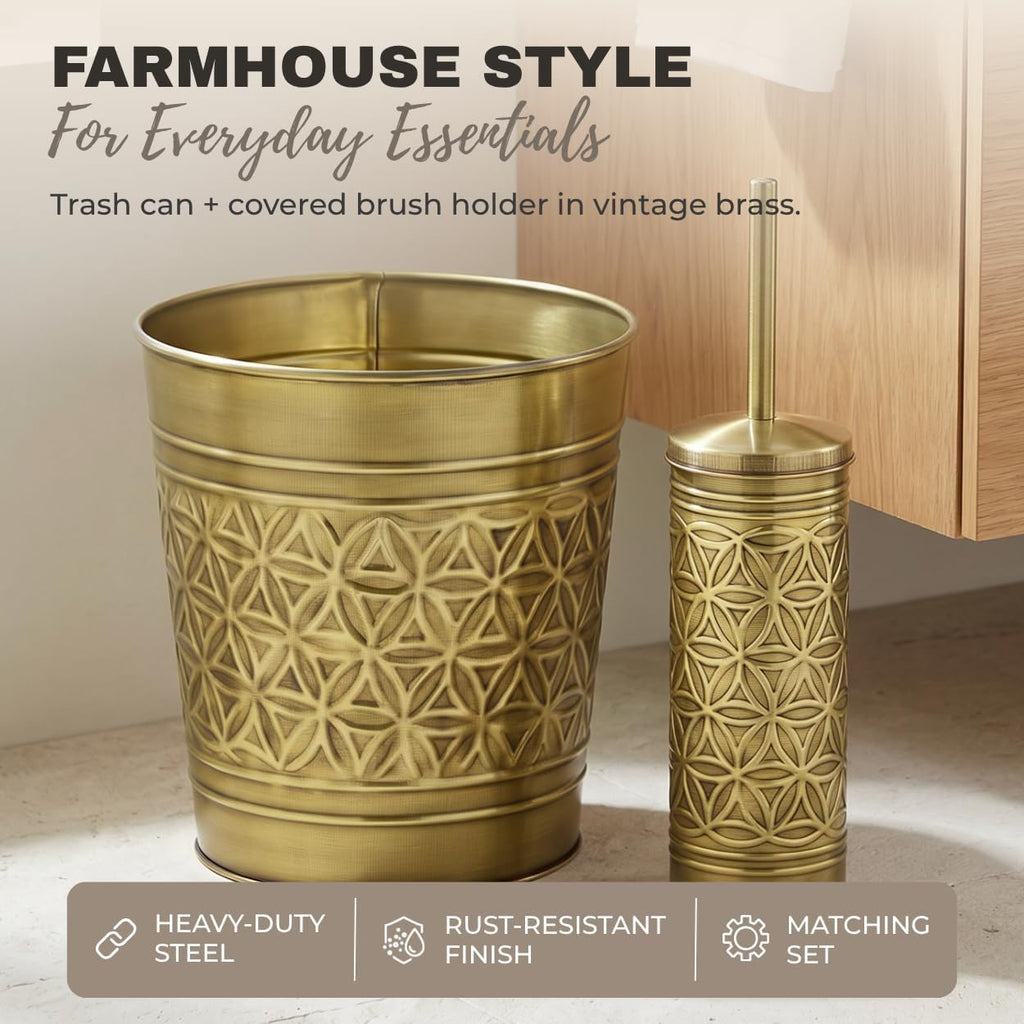 Autumn Alley Toilet Brush and Holder Set with Brushed Brass Bathroom Trash Can – Brass Bathroom Accessories Garbage Can Set for Rustic and Modern Bathroom Décor