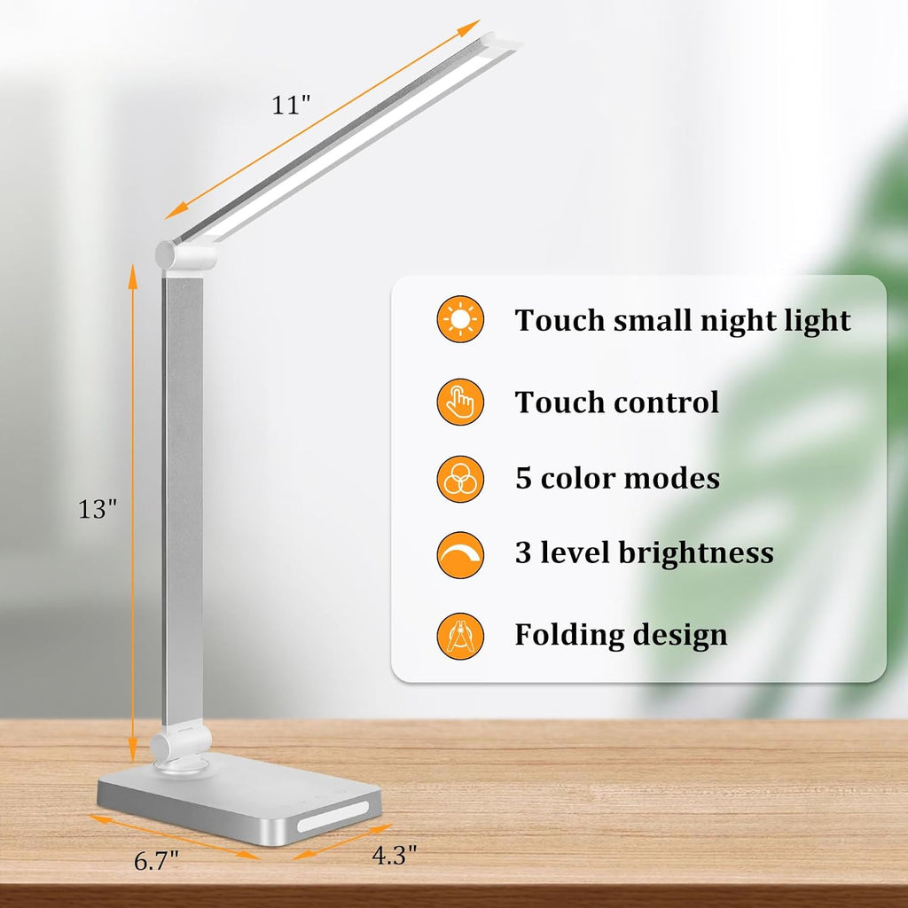 Dott Arts LED Desk Lamp with USB Ports,Touch Desk Lamps for Home Office with 5 Color Modes,3 Brightness Desk Light with Small Night Light,Reading Lamp Table LED Lamp for Bedroom Bedsid Study Sliver