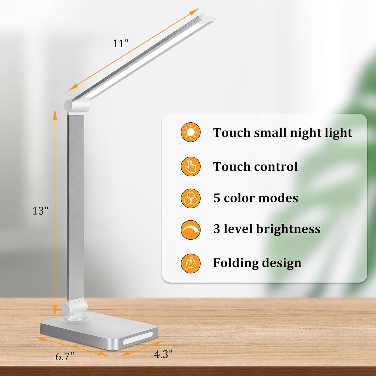 Dott Arts LED Desk Lamp with USB Ports,Touch Desk Lamps for Home Office with 5 Color Modes,3 Brightness Desk Light with Small Night Light,Reading Lamp Table LED Lamp for Bedroom Bedsid Study Sliver