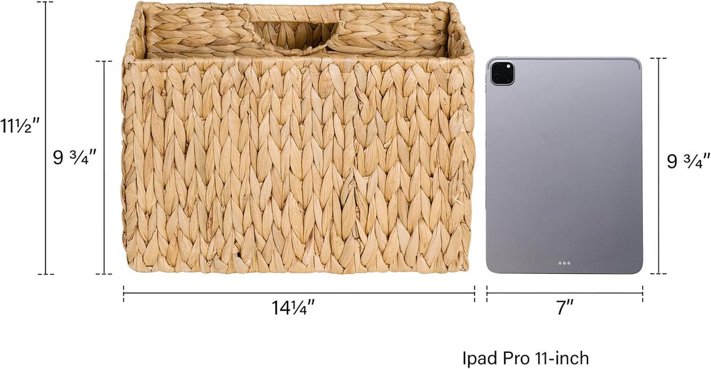 StorageWorks Hand-Woven Divided Magazine Basket, Rattan Magazine Holder, Natural Wicker Magazine Rack for Bathroom, Office, Water Hyacinth, 1 Pack