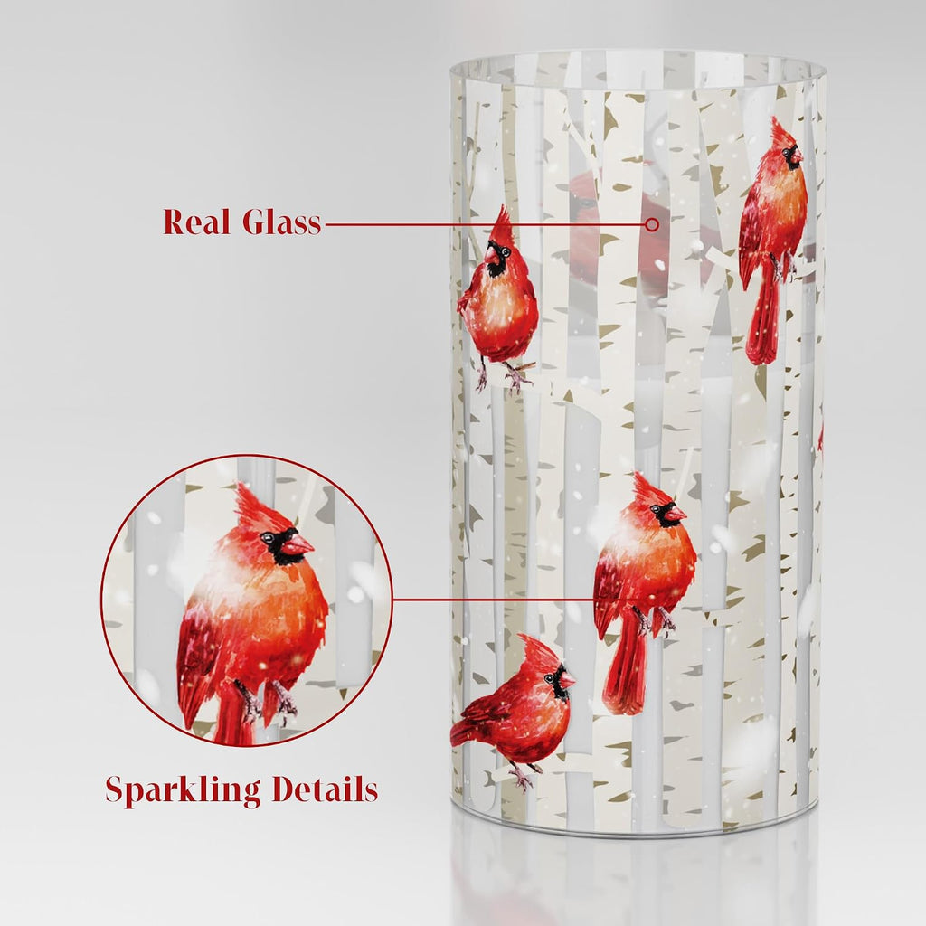 Cardinal Flameless Candles with Remote and Timer, 3 Pack Real Wax LED Glass Pillar Candles Battery Operated Flickering 3D Wick Red Bird Candles for Christmas Holiday Home Decor (3”x4”5”6”)