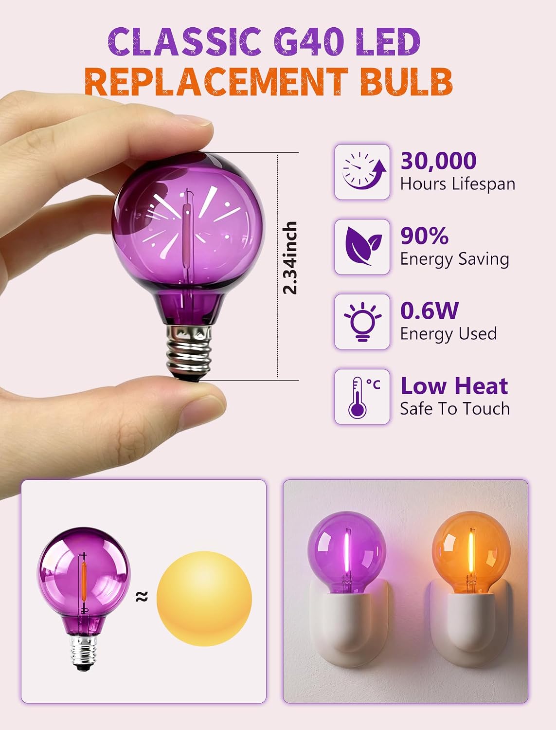 25 Pack G40 Orange and Purple LED Light Bulbs, Shatterproof Plastic Replacement Bulbs, E12 Candelabra Base 0.6W 120V, 2700K Waterproof Outdoor Globe Bulbs for Halloween Decor Patio String Lights