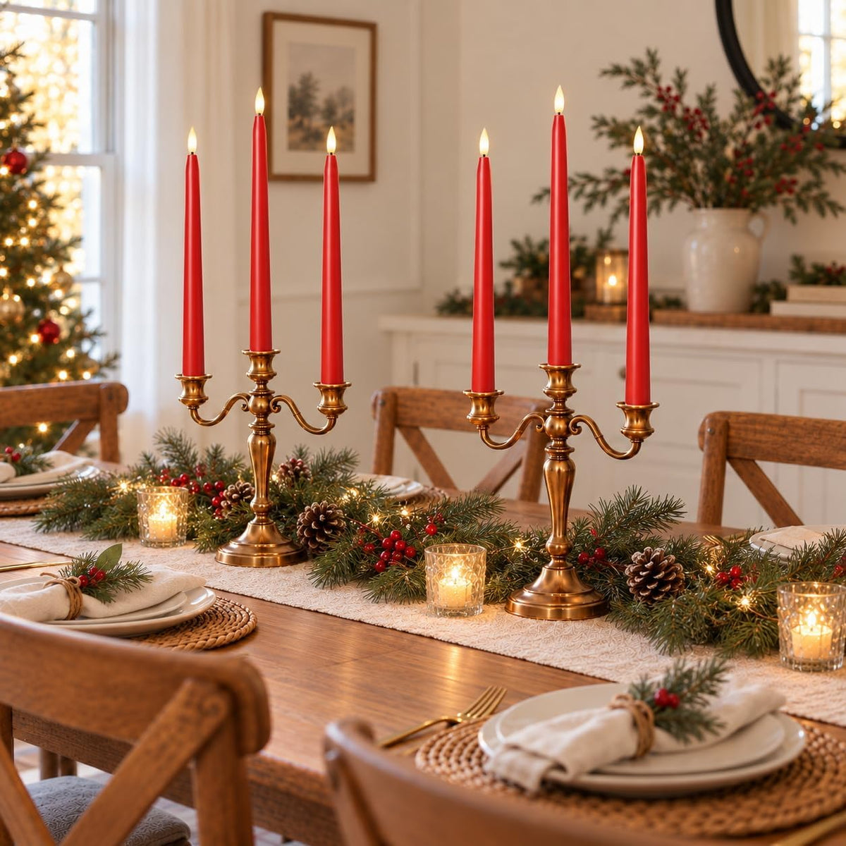 Red Flameless Taper Candles, Battery Operated Christmas Candles with Remote