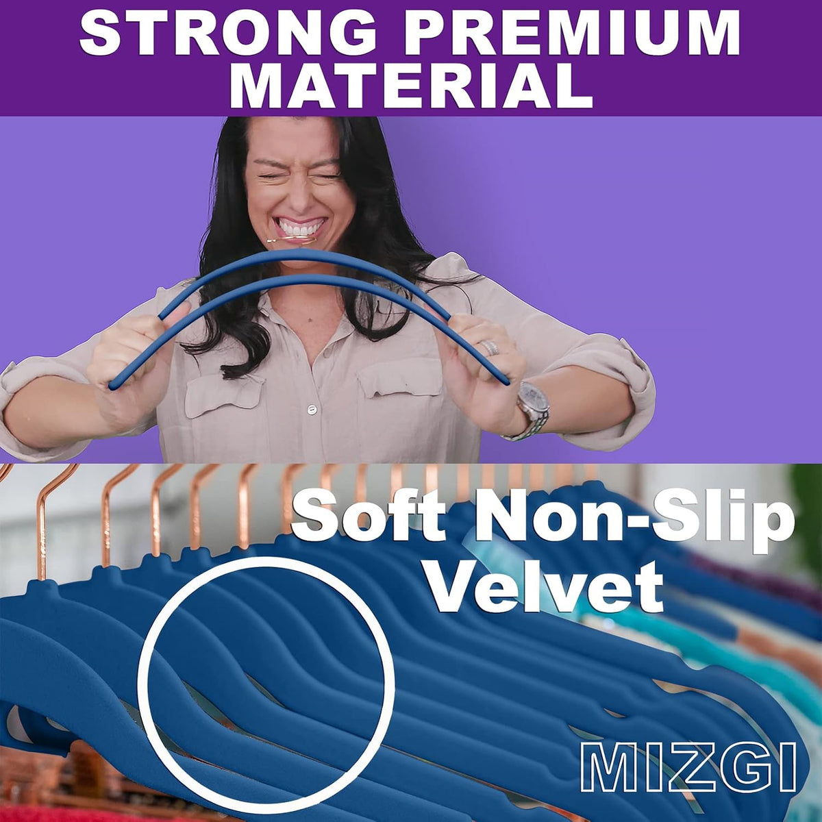MIZGI Velvet Hangers 50 Pack Non Slip Mediterranean Blue Rose Gold Hooks