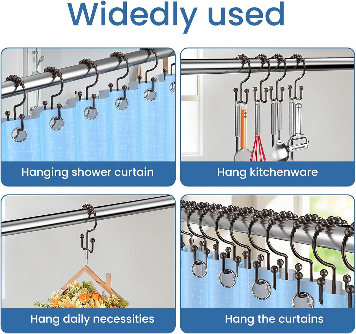 Bronze Shower Curtain Hooks Double Sided with Roller Balls