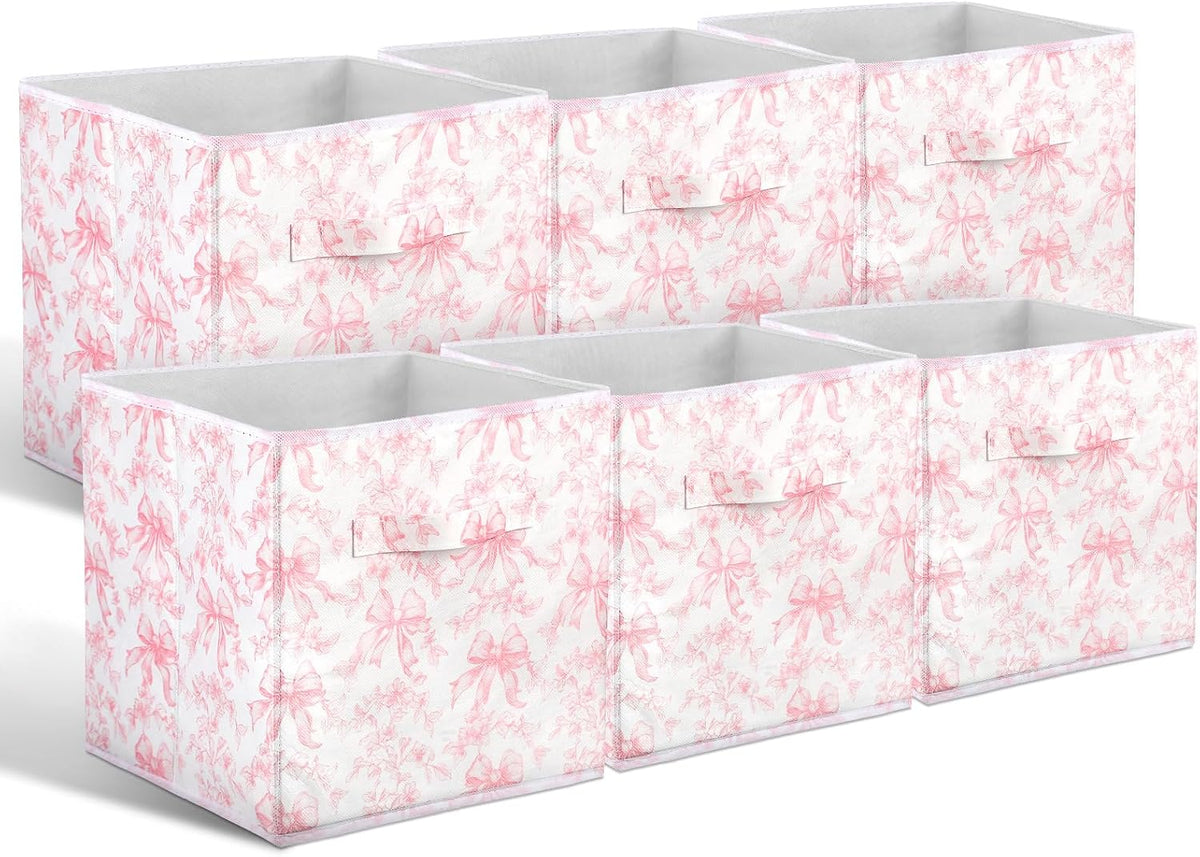 Geelin 6 Pcs Pink Floral Bow Cube Storage Bins 11 in Basket with Handle