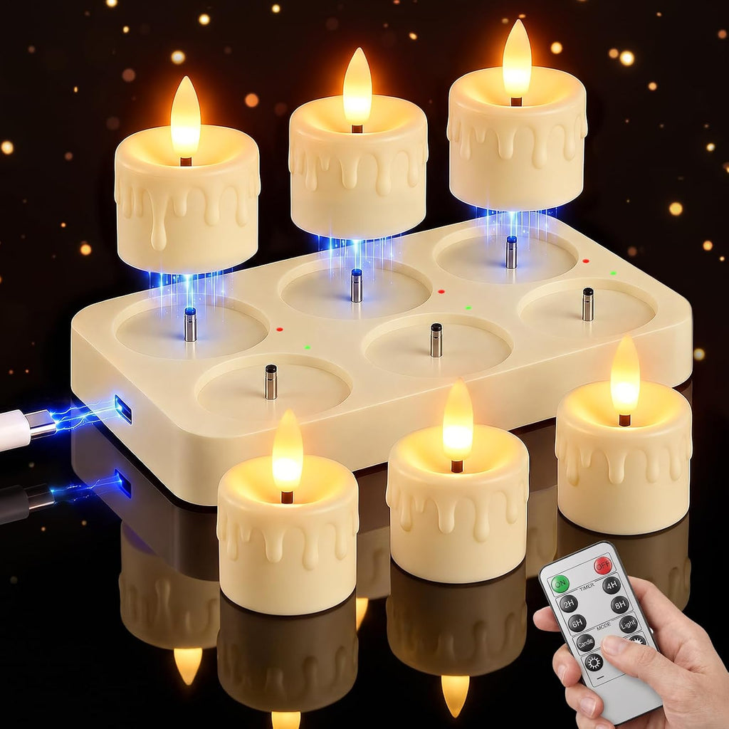 Kimjo Rechargeable Flameless Tea Lights Candles with Charging Base, 6 Pack