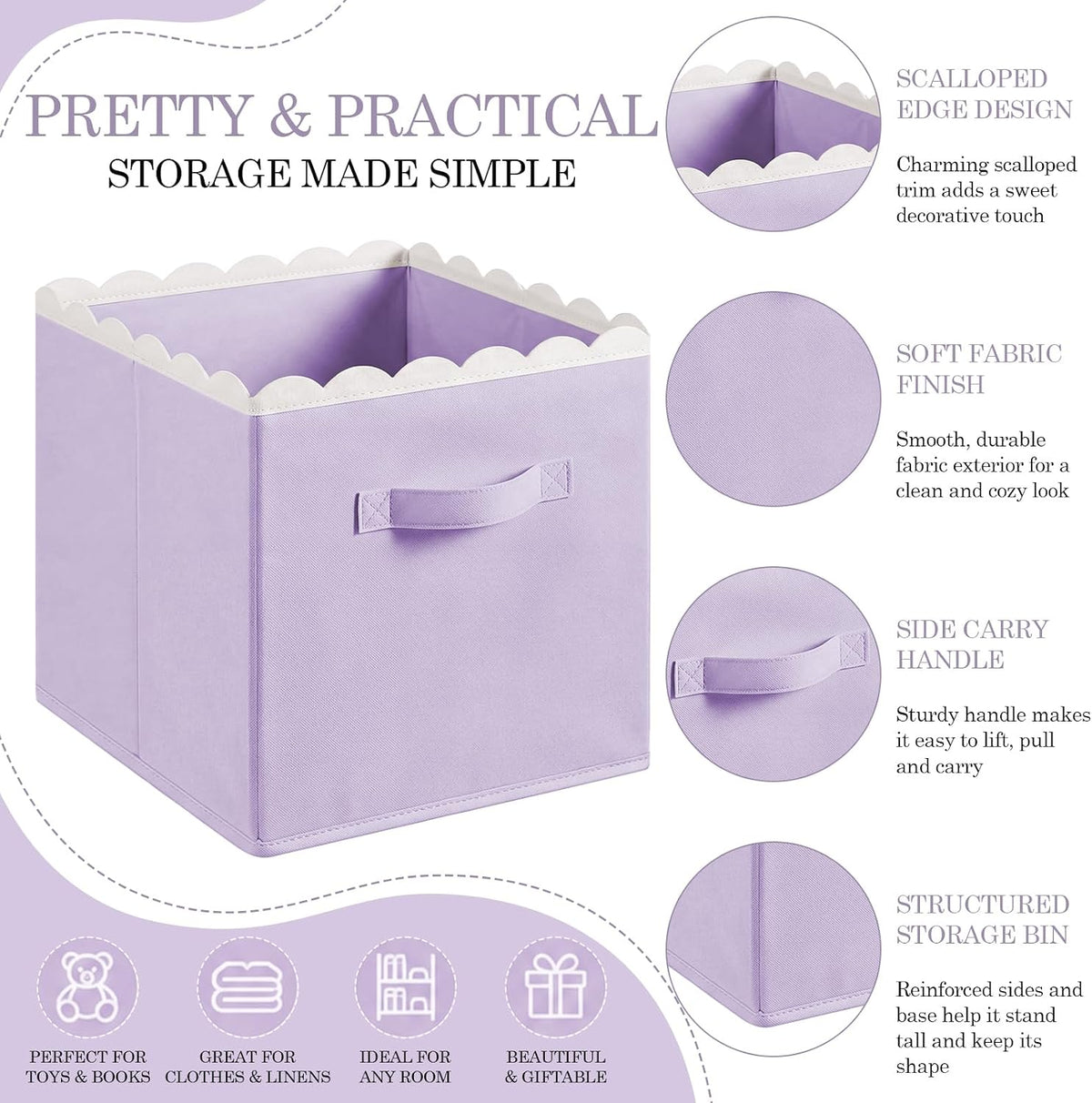 Yalikop 6 Pcs Purple Scalloped Cube Storage Bins 11 Inch Fabric Basket