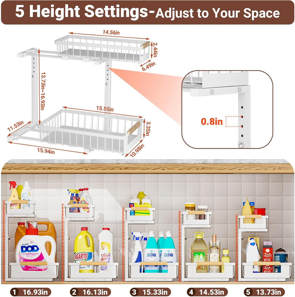 Under Sink Organizer, 2 Tier Pull Out Cabinet Organizer with 5 Adjustable Heights, Metal Under Sink Storage with Sliding Drawers for Kitchen, Bathroom, Pantry and Laundry Room, 4-Pack White