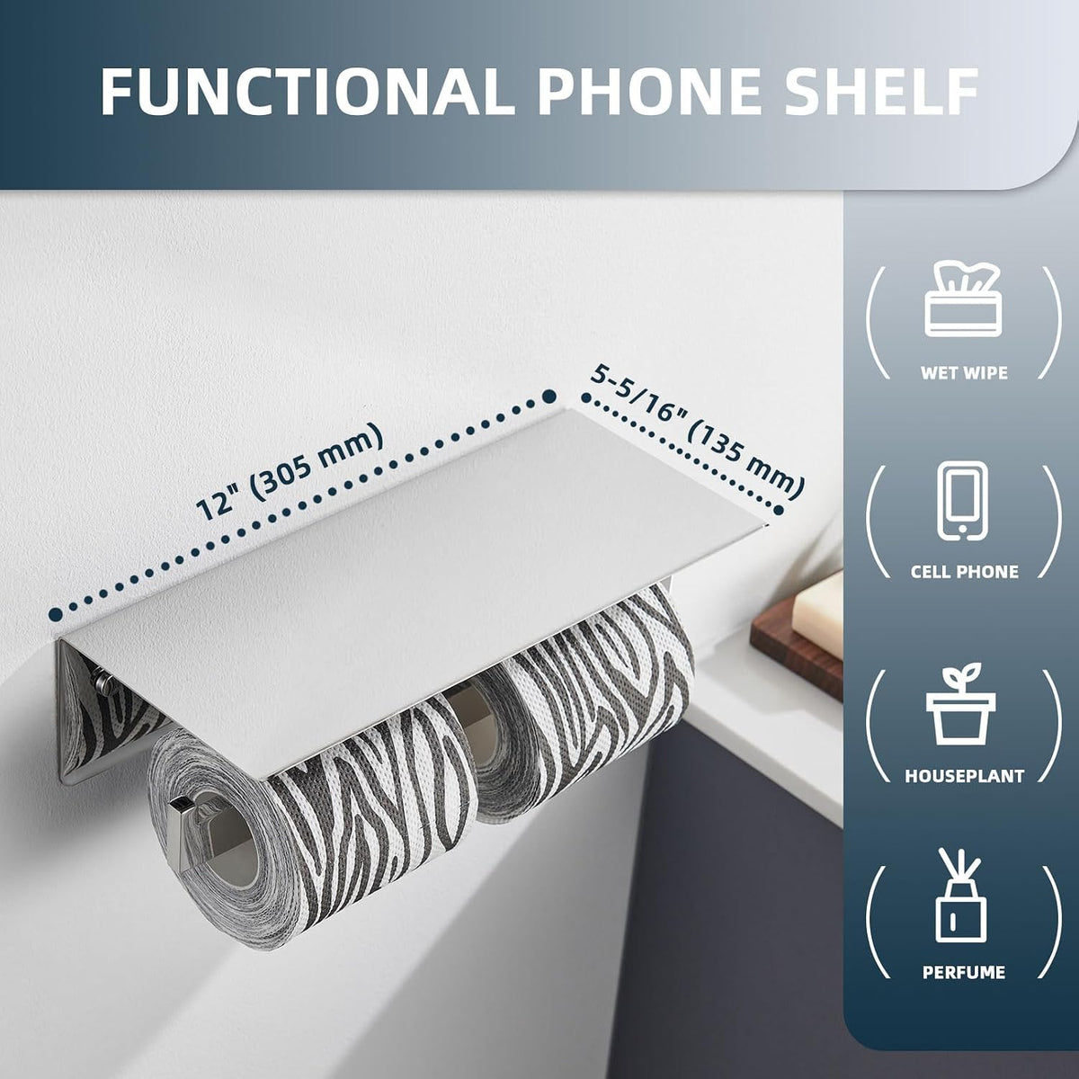 Angle Simple Double Toilet Paper Holder with Shelf, Polished Chrome