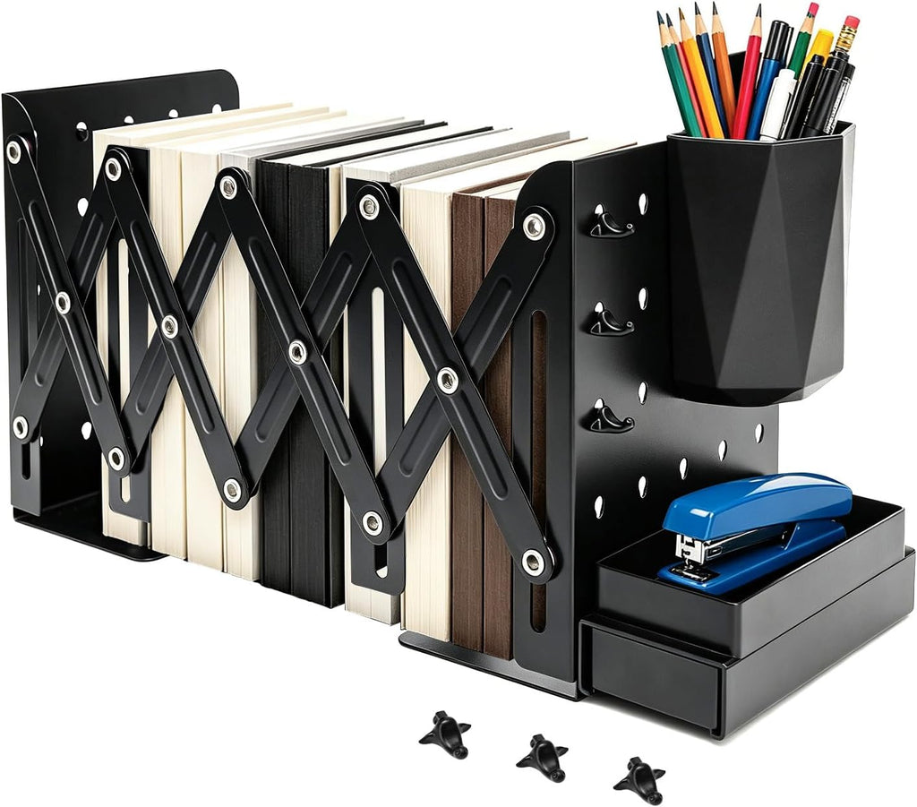 Adjustable Bookends with Mini Pegboard 6 Hooks/Pen Holder/Tray for Desktop