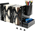 Adjustable Bookends with Mini Pegboard 6 Hooks/Pen Holder/Tray for Desktop
