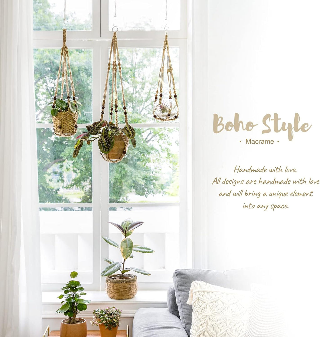 Mkono Macrame Plant Hanger Indoor 35 Inch Hanging Planter Basket Brown 2Pcs