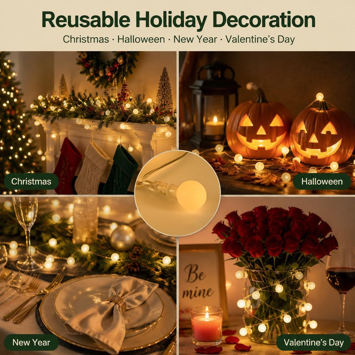 Warm Globe LED String Lights Indoor Bedroom 33FT 100LED Remote