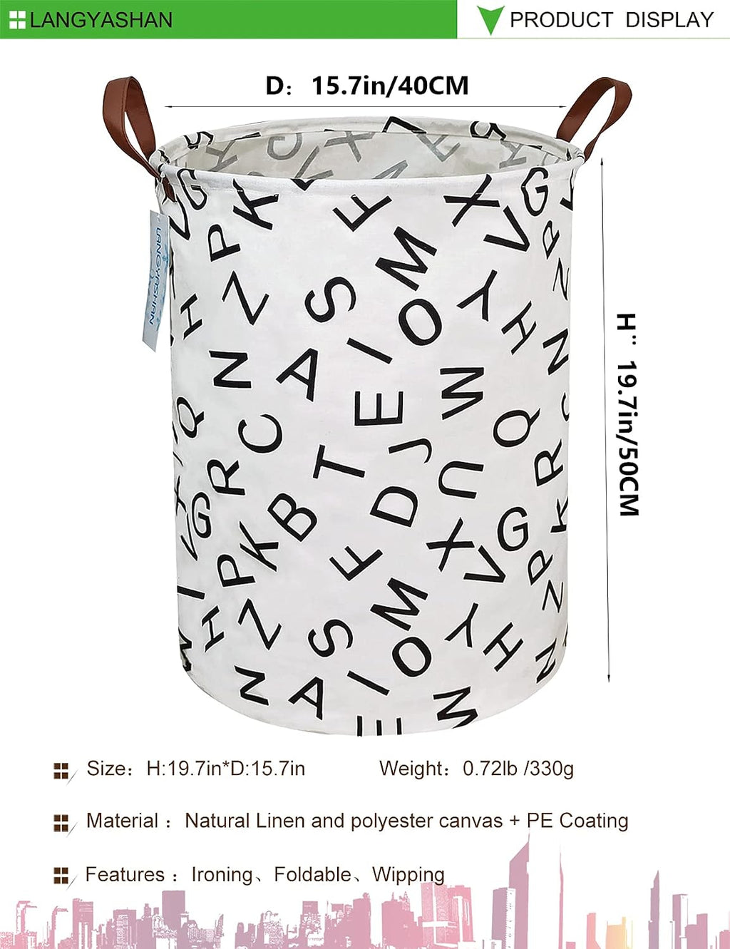 Round Laundry Basket Collapsible Storage Hamper Organizer Alphabet