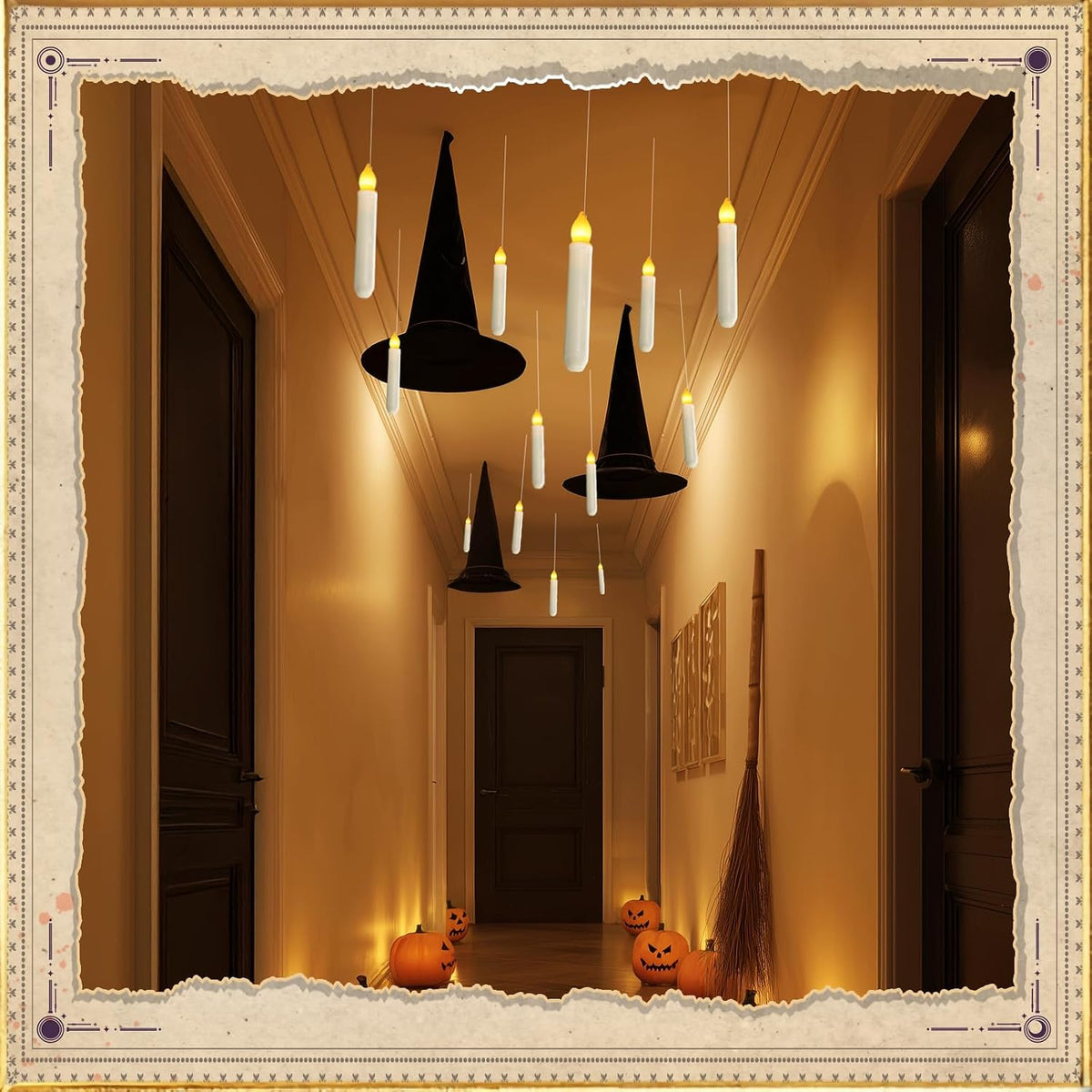 Homemory Floating Candle with Wand Remote, 12 Pcs Magical Candlesticks Witch Decors, Warm Yellow Flameless Taper Candles Battery Operated, LED Window Candle for Halloween Party Decor