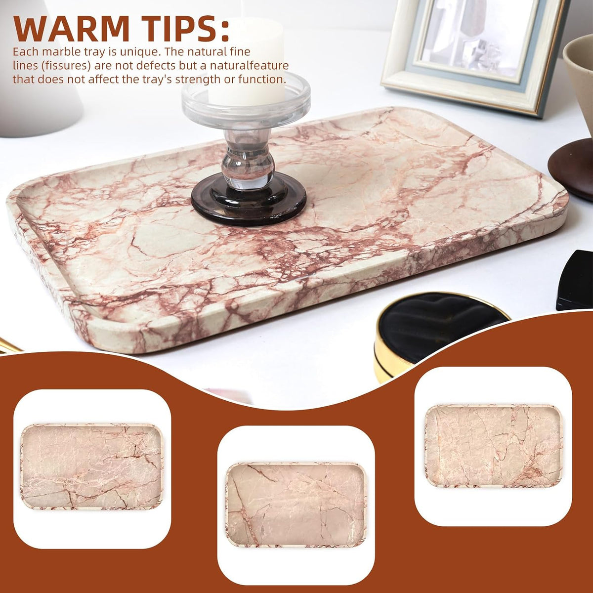 Yew & Tulip 14" x 8.5" Natural Marble Tray for Kitchen, Bathroom, Living Room – Serving/Decorative Vanity Tray for Jewelry, Candles, Decor (Pink)