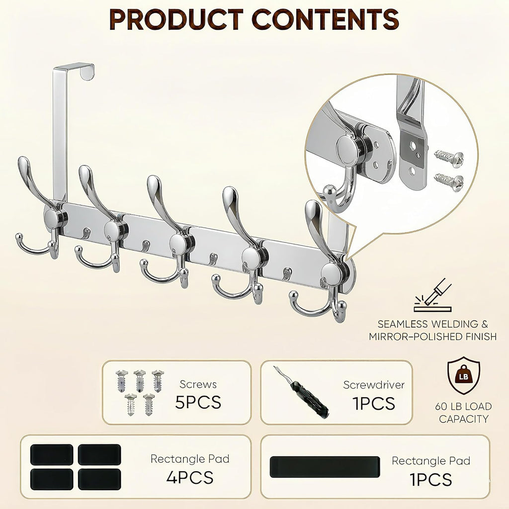 Over The Door Hooks, Heavy Duty Door Hanger with 5 Tri-Hooks for Hanging Clothes, Coats, Towels, Mirror Finish Silver Stainless Steel OTD Storage Rack, Fits Standard 1-3/4" Doors, 60 lbs Max