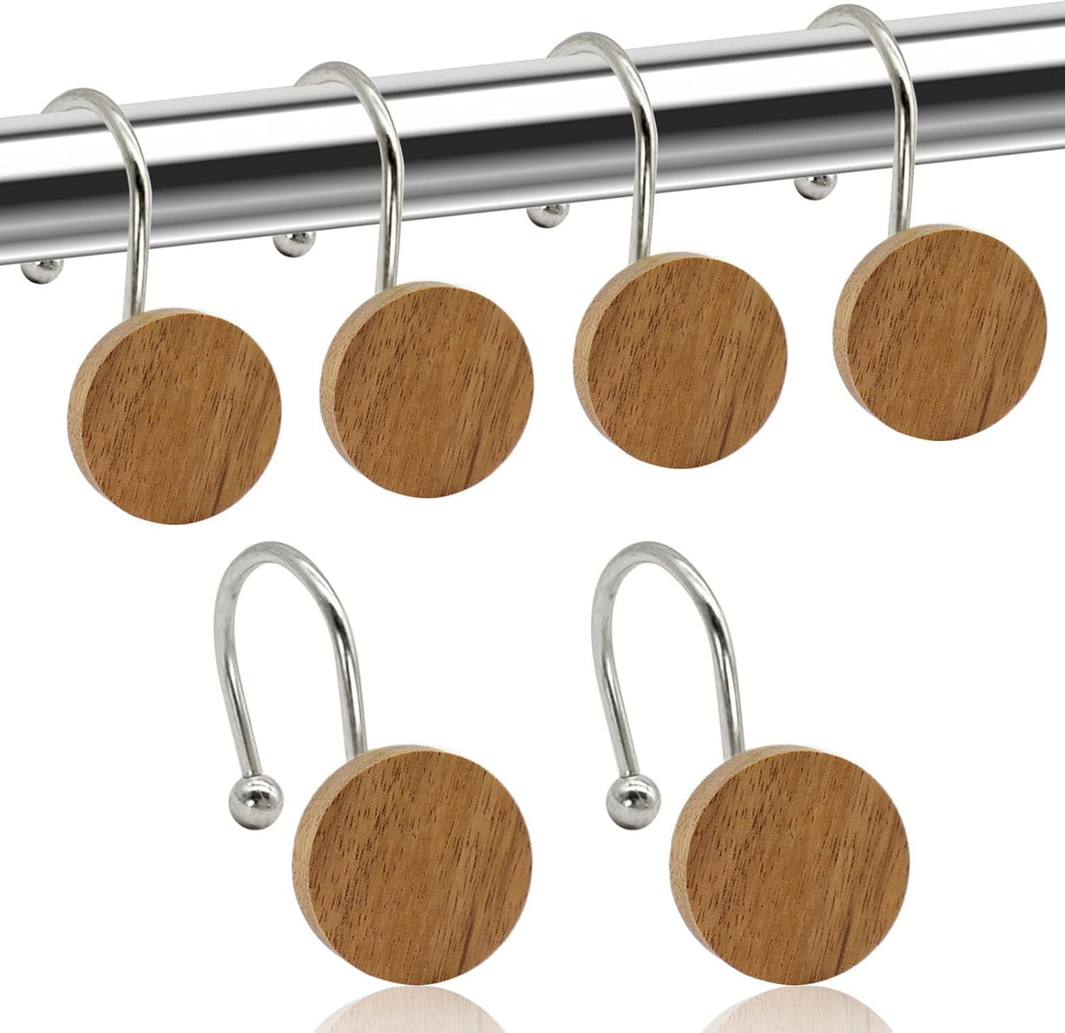 Shower Curtain Hooks, Wood Decorative Shower Curtain Rings, Modern Round Log Shower Curtain Hangers, 12PCS Metal Shower Hooks for Shower Curtain Rod, Bathroom, Bedroom, Living Room (Silvery)